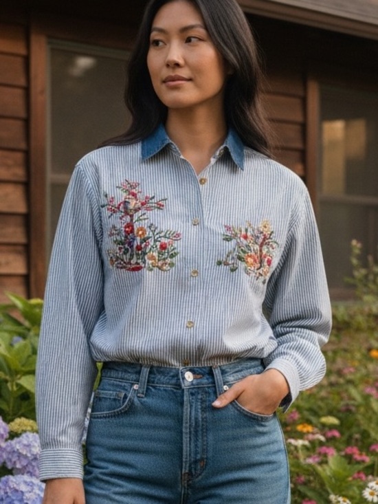 Victoria jones Tops - Vintage CottageCore GardenCore Striped Blue Embroidered Button-Up Shirt - Size S